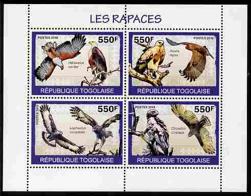 Togo 2010 Birds - Birds of Prey perf sheetlet containing 4 values unmounted mint, stamps on birds, stamps on birds of prey