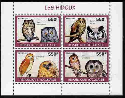 Togo 2010 Birds - Owls perf sheetlet containing 4 values unmounted mint, stamps on birds, stamps on birds of prey, stamps on owls