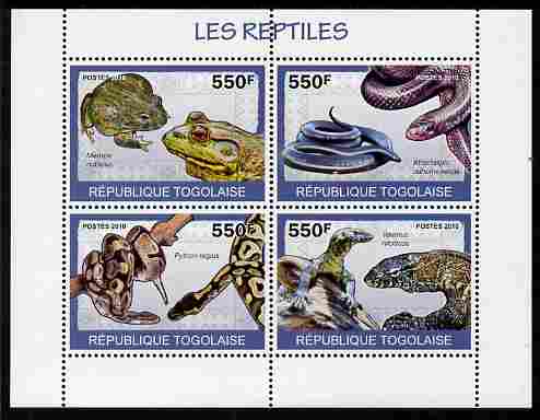 Togo 2010 Reptiles perf sheetlet containing 4 values unmounted mint , stamps on , stamps on  stamps on animals, stamps on  stamps on reptiles, stamps on  stamps on frogs, stamps on  stamps on snakes