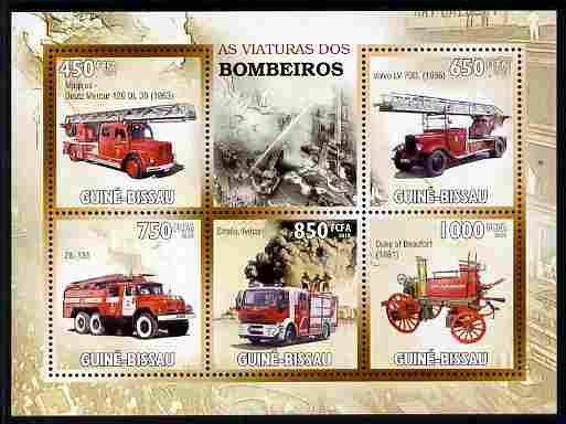 Guinea - Bissau 2010 Fire Engines perf sheetlet containing 5 values unmounted mint , stamps on , stamps on  stamps on fire