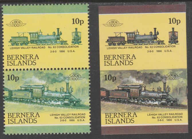 Bernera 1983 Locomotives #2 (Lehigh Valley Railroad) 10p - Complete sheet of 30 (15 se-tenant pairs) all with red omitted plus  one imperf pair as normal, unmounted mint. About 30 years ago, I was one of the major buyers of the Format International archives. Now I've reached retirement age, I've decided to sell off much of that stock at unbeatable prices. For each sheet of 15 errors you'll just pay less than the price of 4., stamps on , stamps on  stamps on railways, stamps on  stamps on errors, stamps on  stamps on wholesale