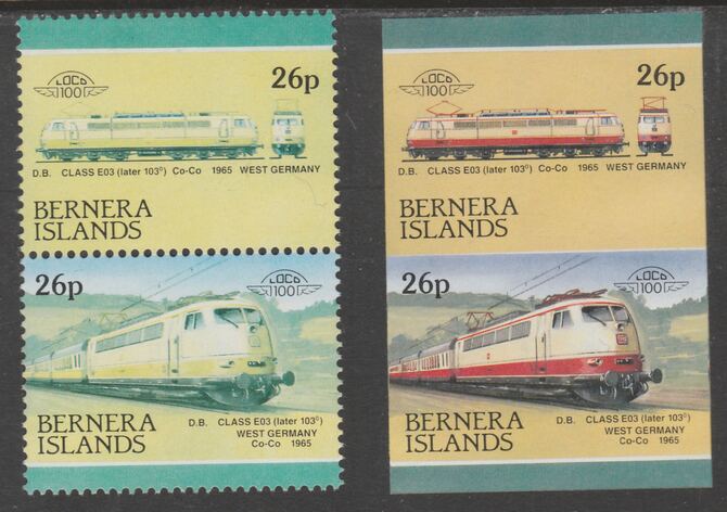 Bernera 1983 Locomotives #2 (DB Class EO3) 26p - Complete sheet of 30 (15 se-tenant pairs) all with red omitted plus  one imperf pair as normal, unmounted mint. About 30 ...