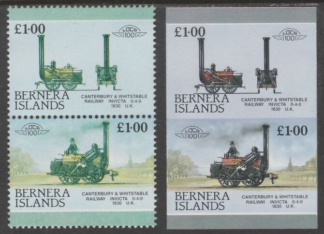 Bernera 1983 Locomotives #2 (Canterbury & Whitstable Rly) £1 - Complete sheet of 30 (15 se-tenant pairs) all with red omitted plus  one imperf pair as normal, unmounted ..., stamps on railways, stamps on errors, stamps on wholesale