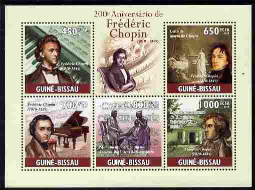 Guinea - Bissau 2010 200th Birth Anniversary of Frederic Chopin perf sheetlet containing 5 values unmounted mint , stamps on personalities, stamps on chopin, stamps on music, stamps on composers, stamps on 