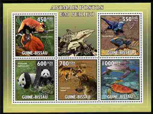 Guinea - Bissau 2010 Endangered Animals perf sheetlet containing 5 values unmounted mint , stamps on animals, stamps on  wwf , stamps on bears, stamps on pandas, stamps on turtles, stamps on wolves