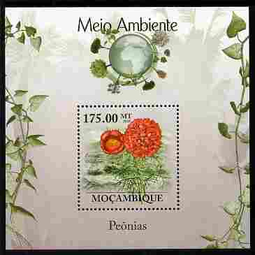 Mozambique 2010 The Environment - Peony Flower perf m/sheet unmounted mint Michel BL 289, stamps on flowers, stamps on environment