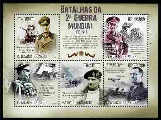 St Thomas & Prince Islands 2010 Battles of the Second World War perf sheetlet containing 5 values unmounted mint , stamps on battles, stamps on  ww2 , stamps on militaria, stamps on eisenhower, stamps on usa presidents, stamps on aviation