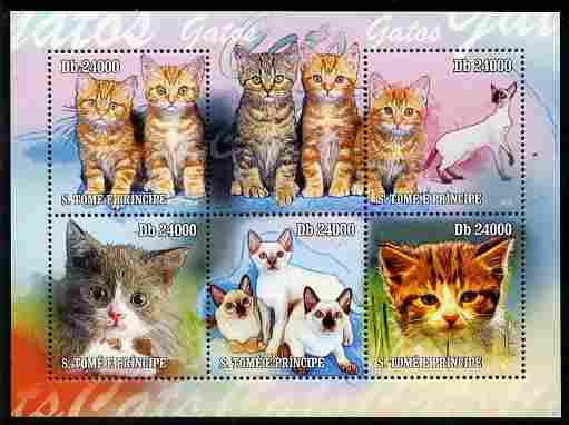 St Thomas & Prince Islands 2010 Domestic Cats perf sheetlet containing 5 values unmounted mint , stamps on cats