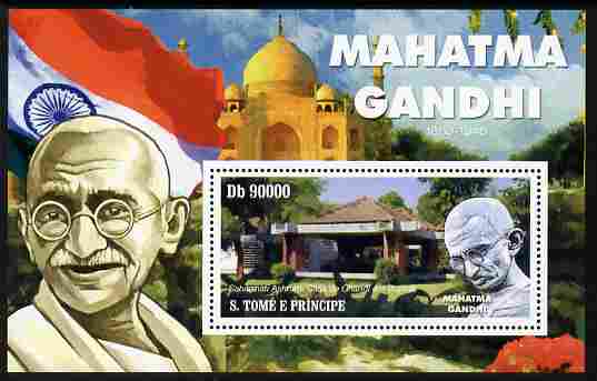 St Thomas & Prince Islands 2010 Mahatma Gandhi perf m/sheet unmounted mint , stamps on personalities, stamps on gandhi, stamps on constitutions, stamps on flags