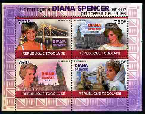 Togo 2010 Tribute to Princess Diana perf sheetlet containing 4 values unmounted mint Michel 3549-52, stamps on personalities, stamps on royalty, stamps on diana, stamps on bridges, stamps on london