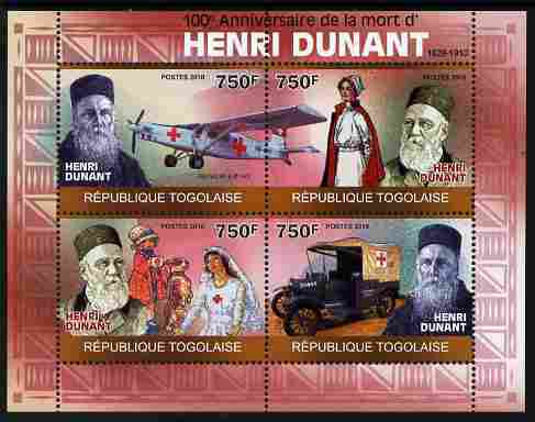 Togo 2010 Death Centenary of Henry Dunant perf sheetlet containing 4 values unmounted mint Michel 3514-17, stamps on , stamps on  stamps on personalities, stamps on  stamps on dunant, stamps on  stamps on red cross, stamps on  stamps on aviation, stamps on  stamps on trucks, stamps on  stamps on ambulances, stamps on  stamps on nurses, stamps on  stamps on nursing
