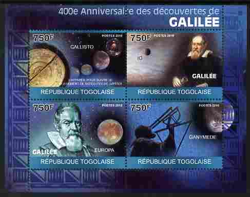 Togo 2010 400th Anniversary of Galileo's Discoveries perf sheetlet containing 4 values unmounted mint Michel 3489-92, stamps on , stamps on  stamps on personalities, stamps on  stamps on galileo, stamps on  stamps on space, stamps on  stamps on planets, stamps on  stamps on telescopes