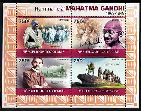 Togo 2010 Mahatma Gandhi perf sheetlet containing 4 values unmounted mint Michel 3519-22, stamps on , stamps on  stamps on personalities, stamps on  stamps on constitutions, stamps on  stamps on gandhi, stamps on  stamps on london