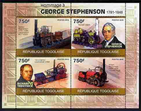 Togo 2010 George Stephenson perf sheetlet containing 4 values unmounted mint Michel 3499-3502, stamps on , stamps on  stamps on personalities, stamps on  stamps on railways