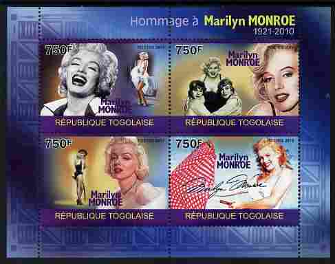 Togo 2010 Marilyn Monroe perf sheetlet containing 4 values unmounted mint Michel 3529-32, stamps on , stamps on  stamps on personalities, stamps on  stamps on films, stamps on  stamps on cinema, stamps on  stamps on movies, stamps on  stamps on music, stamps on  stamps on marilyn, stamps on  stamps on monroe, stamps on  stamps on umbrellas