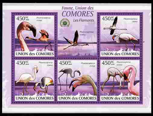 Comoro Islands 2009 Flamingos perf sheetlet containing 5 values unmounted mint Michel 2402-06, stamps on birds, stamps on flamingoes