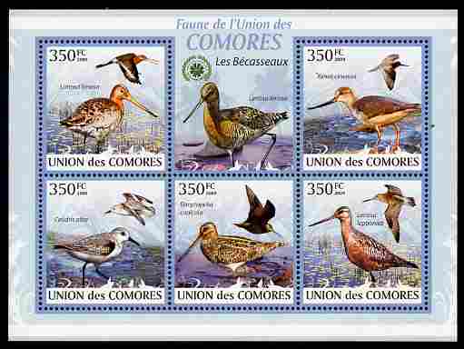 Comoro Islands 2009 Sandpipers perf sheetlet containing 5 values unmounted mint Michel 2367-71, stamps on birds, stamps on sandpipers
