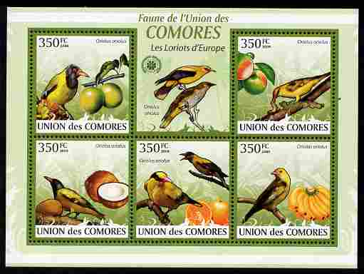 Comoro Islands 2009 Golden Oriole & Fruit perf sheetlet containing 5 values unmounted mint Michel 2362-66, stamps on , stamps on  stamps on birds, stamps on  stamps on orioles, stamps on  stamps on fruit