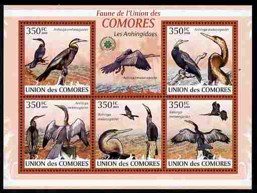 Comoro Islands 2009 Snake Bird (Darter) perf sheetlet containing 5 values unmounted mint Michel 2372-76, stamps on , stamps on  stamps on birds, stamps on  stamps on snake bird, stamps on  stamps on darter