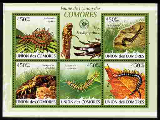 Comoro Islands 2009 Centipede perf sheetlet containing 5 values unmounted mint Michel 2328-32, stamps on , stamps on  stamps on insects