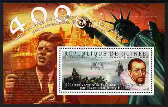 Guinea - Conakry 2009 400th Anniversary of Manhattan Mapping by Henry Hudson perf m/sheet unmounted mint Michel BL 1781, stamps on , stamps on  stamps on personalities, stamps on  stamps on maps, stamps on  stamps on explorers, stamps on  stamps on , stamps on  stamps on hudson, stamps on  stamps on statue of liberty, stamps on  stamps on kennedy, stamps on  stamps on usa presidents, stamps on  stamps on americana