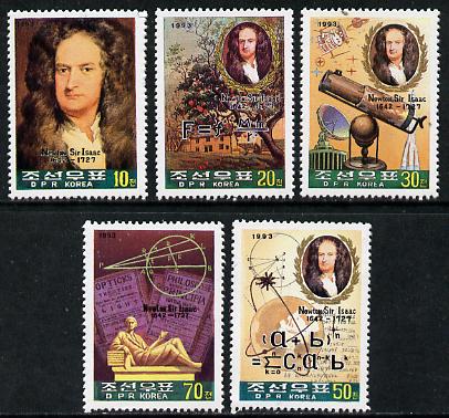 North Korea 1993 Sir Isaac Newton perf set of 5 unmounted mint, SG N3334-38*, stamps on , stamps on  stamps on personalities, stamps on maths, stamps on science, stamps on  stamps on telescopes, stamps on  stamps on statues