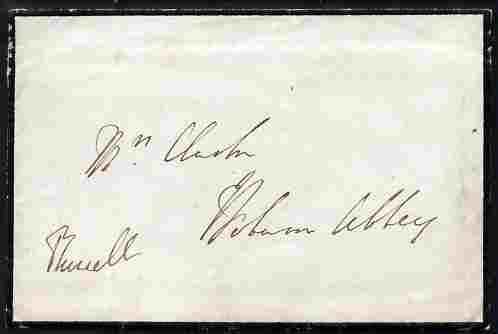 Great Britain 1860's mourning cover addressed to Woburn Abbey from Prime Minister Lord Russell (signed in lower left corner) no postal markings but reverse shows the Russell family crest with the inscription Che Sara Sara, stamps on , stamps on  stamps on constitutions