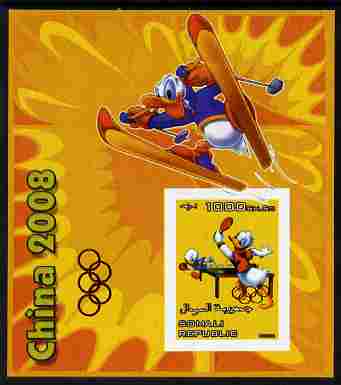 Somalia 2006 Beijing Olympics (China 2008) #03 - Donald Duck Sports - Table Tennis & Skiing imperf souvenir sheet unmounted mint. Note this item is privately produced and is offered purely on its thematic appeal with Olympic Rings overprinted on stamp and in margin at lower left, stamps on , stamps on  stamps on disney, stamps on  stamps on entertainments, stamps on  stamps on films, stamps on  stamps on cinema, stamps on  stamps on cartoons, stamps on  stamps on sport, stamps on  stamps on stamp exhibitions, stamps on  stamps on table tennis, stamps on  stamps on skiing, stamps on  stamps on olympics