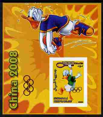 Somalia 2006 Beijing Olympics (China 2008) #04 - Donald Duck Sports - Running & Tennis imperf souvenir sheet unmounted mint. Note this item is privately produced and is offered purely on its thematic appeal with Olympic Rings overprinted on stamp and in margin at lower left, stamps on , stamps on  stamps on disney, stamps on  stamps on entertainments, stamps on  stamps on films, stamps on  stamps on cinema, stamps on  stamps on cartoons, stamps on  stamps on sport, stamps on  stamps on stamp exhibitions, stamps on  stamps on running, stamps on  stamps on tennis, stamps on  stamps on , stamps on  stamps on olympics