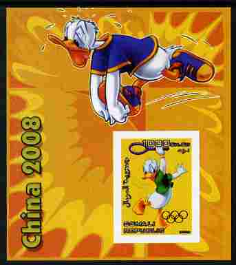 Somalia 2006 Beijing Olympics (China 2008) #04 - Donald Duck Sports - Running & Tennis imperf souvenir sheet unmounted mint. Note this item is privately produced and is offered purely on its thematic appeal with Olympic Rings overprinted on stamp , stamps on , stamps on  stamps on disney, stamps on  stamps on entertainments, stamps on  stamps on films, stamps on  stamps on cinema, stamps on  stamps on cartoons, stamps on  stamps on sport, stamps on  stamps on stamp exhibitions, stamps on  stamps on running, stamps on  stamps on tennis, stamps on  stamps on , stamps on  stamps on olympics