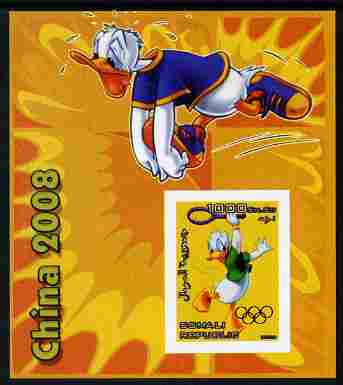 Somalia 2006 Beijing Olympics (China 2008) #04 - Donald Duck Sports - Running & Tennis imperf souvenir sheet unmounted mint. Note this item is privately produced and is o..., stamps on disney, stamps on entertainments, stamps on films, stamps on cinema, stamps on cartoons, stamps on sport, stamps on stamp exhibitions, stamps on running, stamps on tennis, stamps on , stamps on olympics