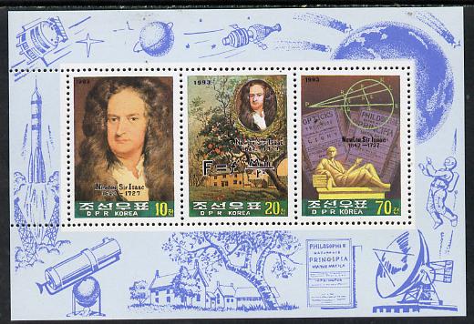 North Korea 1993 Sir Isaac Newton sheetlet #1 containing 10ch, 20ch & 70ch values unmounted mint, stamps on personalities, stamps on science, stamps on space, stamps on maths