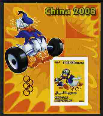 Somalia 2006 Beijing Olympics (China 2008) #07 - Donald Duck Sports - Weightlifting & American Football imperf souvenir sheet unmounted mint. Note this item is privately produced and is offered purely on its thematic appeal with Olympic Rings overprinted on stamp and in margin at lower left, stamps on , stamps on  stamps on disney, stamps on  stamps on entertainments, stamps on  stamps on films, stamps on  stamps on cinema, stamps on  stamps on cartoons, stamps on  stamps on sport, stamps on  stamps on stamp exhibitions, stamps on  stamps on weights, stamps on  stamps on weight lifting, stamps on  stamps on , stamps on  stamps on olympics