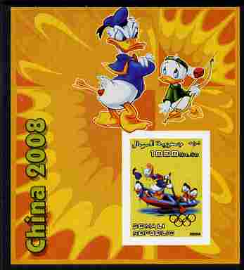 Somalia 2006 Beijing Olympics (China 2008) #09 - Donald Duck Sports - Archery & Rowing imperf souvenir sheet unmounted mint. Note this item is privately produced and is offered purely on its thematic appeal with Olympic Rings overprinted on stamp , stamps on , stamps on  stamps on disney, stamps on  stamps on entertainments, stamps on  stamps on films, stamps on  stamps on cinema, stamps on  stamps on cartoons, stamps on  stamps on sport, stamps on  stamps on stamp exhibitions, stamps on  stamps on archery, stamps on  stamps on rowing, stamps on  stamps on olympics