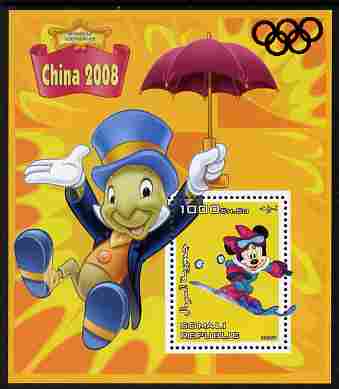 Somalia 2007 Disney - China 2008 Stamp Exhibition #06 perf m/sheet featuring Minny Mouse & Jiminy Cricket with Olympic rings overprinted in red foil in margin at top, unmounted mint. Note this item is privately produced and is offered purely on its thematic appeal, stamps on , stamps on  stamps on disney, stamps on  stamps on films, stamps on  stamps on cinema, stamps on  stamps on movies, stamps on  stamps on cartoons, stamps on  stamps on stamp exhibitions, stamps on  stamps on skiing, stamps on  stamps on umbrellas, stamps on  stamps on olympics