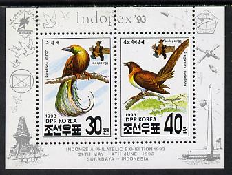 North Korea 1993 Birds m/sheet containing 20ch & 30ch values (with Indopex 93 imprint) unmounted mint, stamps on birds   postal, stamps on stamp exhibitions