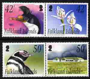 Falkland Islands 2004 Off-shore Islands - 4th series perf set of 4 (2 se-tenant pairs) unmounted mint, SG 993-6, stamps on , stamps on  stamps on birds, stamps on  stamps on cormorant, stamps on  stamps on flowers, stamps on  stamps on orchids, stamps on  stamps on penguins, stamps on  stamps on sea lions