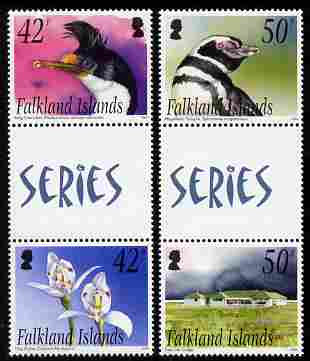 Falkland Islands 2004 Off-shore Islands - 4th series perf set of 4 (2 se-tenant gutter pairs) unmounted mint, SG 993-6, stamps on , stamps on  stamps on birds, stamps on  stamps on cormorant, stamps on  stamps on flowers, stamps on  stamps on orchids, stamps on  stamps on penguins, stamps on  stamps on sea lions