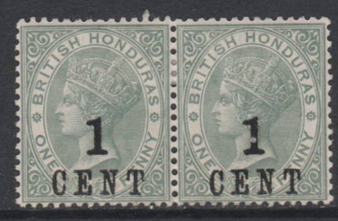British Honduras 1888 QV 1c on 1d mint pair, one stamp with 'hole in 1' variety, SG 36var, stamps on , stamps on  stamps on british honduras 1888 qv 1c on 1d mint pair, stamps on  stamps on  one stamp with 'hole in 1' variety, stamps on  stamps on  sg 36var