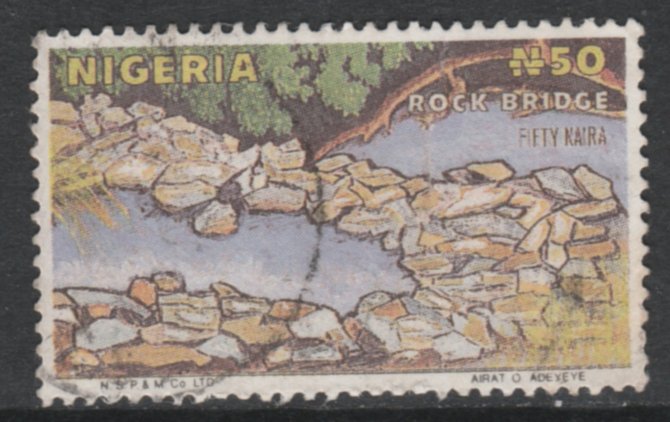 Nigeria 1986-98 Rock Bridge 50k Postally used Forgery, as SG525d, stamps on , stamps on  stamps on nigeria 1986-98 rock bridge 50k postally used forgery, stamps on  stamps on  as sg525d