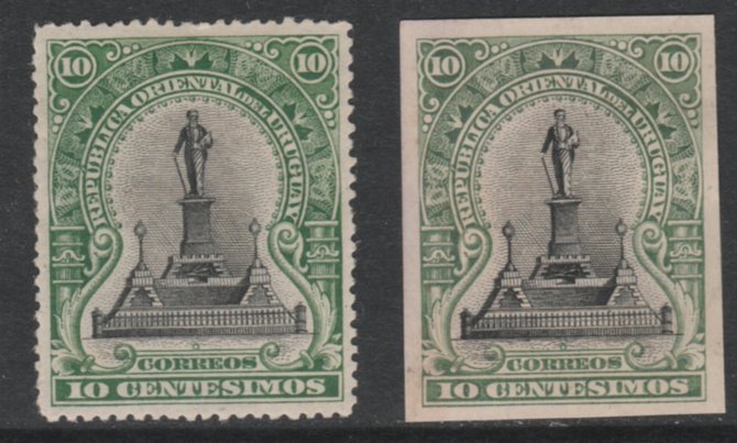 Uruguay 1896 Suarez Monument 10c perf & imperf colour trials in black & green (as SG 179), stamps on , stamps on  stamps on uruguay 1896 suarez monument 10c perf & imperf colour trials in black & green (as sg 179)