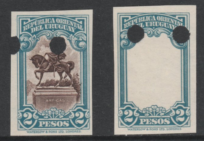 Uruguay 1928 Artigas Statue 2p imperf proof of frame only plus completed design each in issued colours with Waterlow security punch holes, as SG 567, stamps on , stamps on  stamps on uruguay 1928 artigas statue 2p imperf proof of frame only plus completed design each in issued colours with waterlow security punch holes, stamps on  stamps on  as sg 567