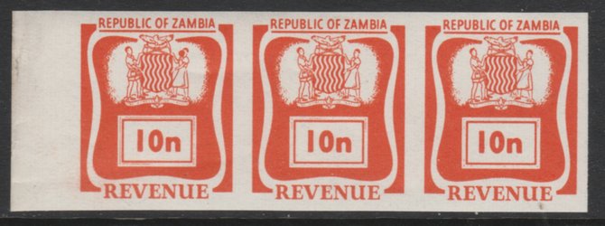 Zambia Revenues 1968 - 10n orange imperf proof strip of 3 on gummed paper, stamps on 