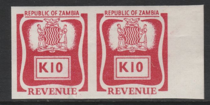 Zambia Revenues 1968 - K10 lake imperf proof pair on gummed paper, stamps on 