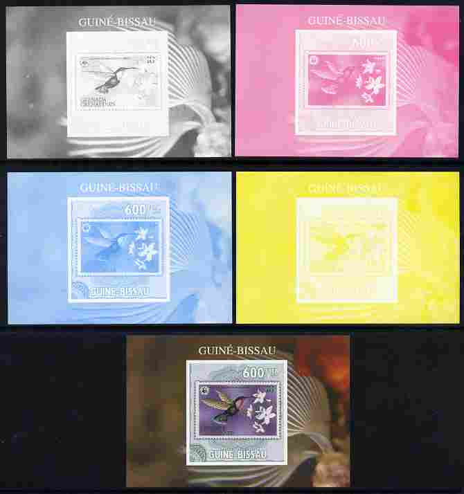 Guinea - Bissau 2010 WWF - Stamp On Stamp #3 - Humming Bird (Grenada Genadines) individual deluxe sheet - the set of 5 imperf progressive proofs comprising the 4 individual colours plus all 4-colour composite, unmounted mint 