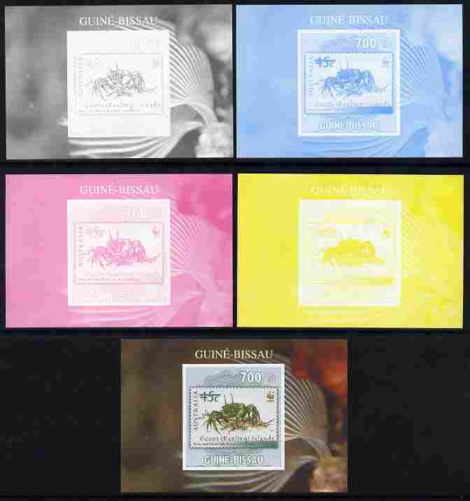 Guinea - Bissau 2010 WWF - Stamp On Stamp #4 - Ghost Crab (Cocos Is) individual deluxe sheet - the set of 5 imperf progressive proofs comprising the 4 individual colours ..., stamps on animals, stamps on  wwf , stamps on stamponstamp, stamps on stamp on stamp, stamps on crabs, stamps on marine life