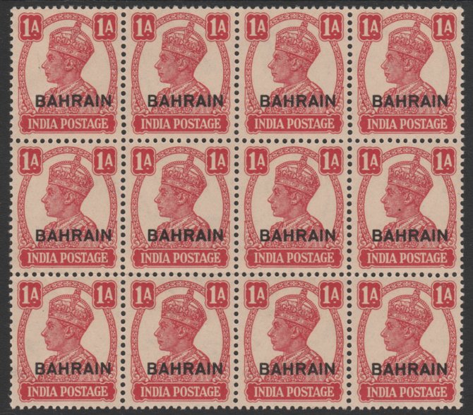 Bahrain 1942-45 KG6 opt on India 1a carmine fine block of 12 unmounted mint but light overall toning and slight gum disturbance on top left stamp (top right as seen from ...