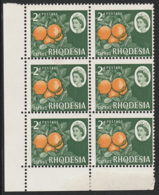 Rhodesia 1966 Oranges 2d corner block of 6 with fine perforation shift, unmounted mint, stamps on , stamps on  stamps on rhodesia 1966 oranges 2d corner block of 6 with fine perforation shift, stamps on  stamps on  unmounted mint