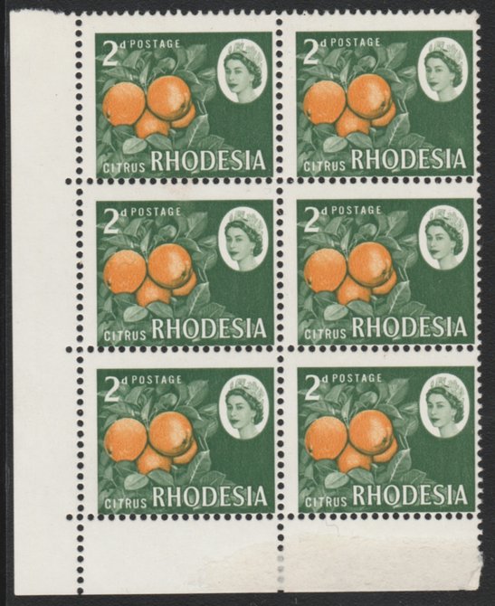 Rhodesia 1966 Oranges 2d corner block of 6 with fine perforation shift, unmounted mint, stamps on 