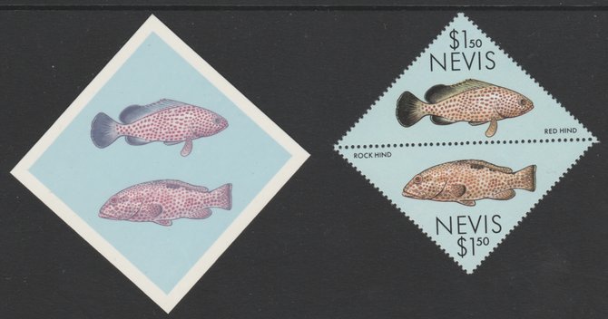 Nevis 1987 Coral Reef Fish $1.50 triangular imperf proof pair in magenta and blue only on plastic card, (Cromalin) from Format International archives, plus issued stamp., stamps on , stamps on  stamps on nevis 1987 coral reef fish $1.50 triangular imperf proof pair in magenta and blue only on plastic card, stamps on  stamps on  (cromalin) from format international archives, stamps on  stamps on  plus issued stamp.